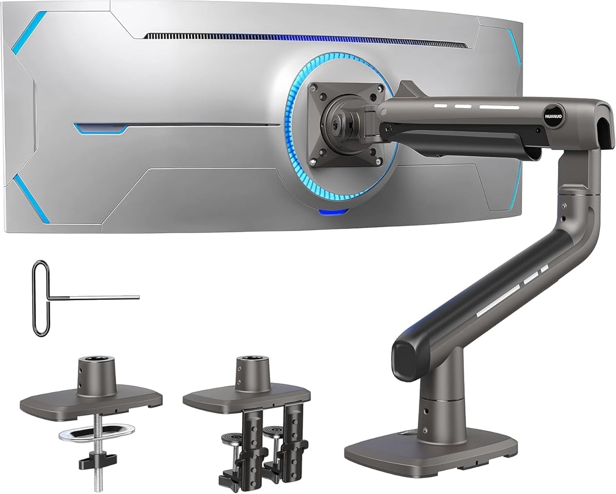 HUANUO TitanLift Heavy Duty Monitor Arm for Ultrawide Screens up to 49", Holds 40 lbs, Aluminum Ultrawide Screen desk mount, Fully Adjustable Single Monitor Mount with Dual C-Clamp, Max VESA 100x100mm