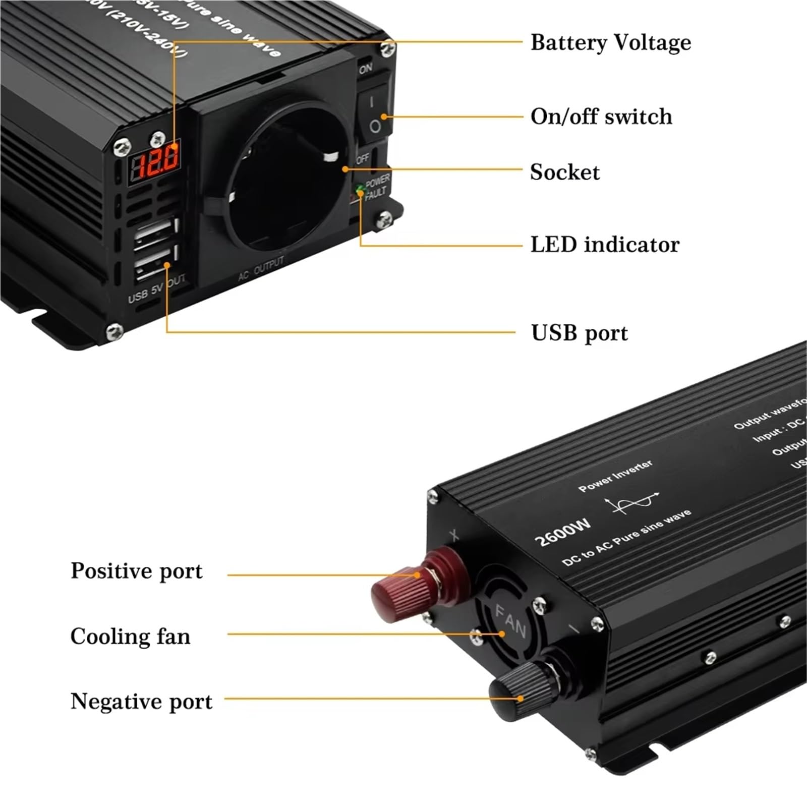 Inversor Inversor De Onda Sinoidal Pura LED para Coche 1500 W/2200 W/2600W CC 12V A CA 220V/230V Convertidor Solar B Enchufe Estándar De La Transformador de Voltaje(12V 220V 2200W)