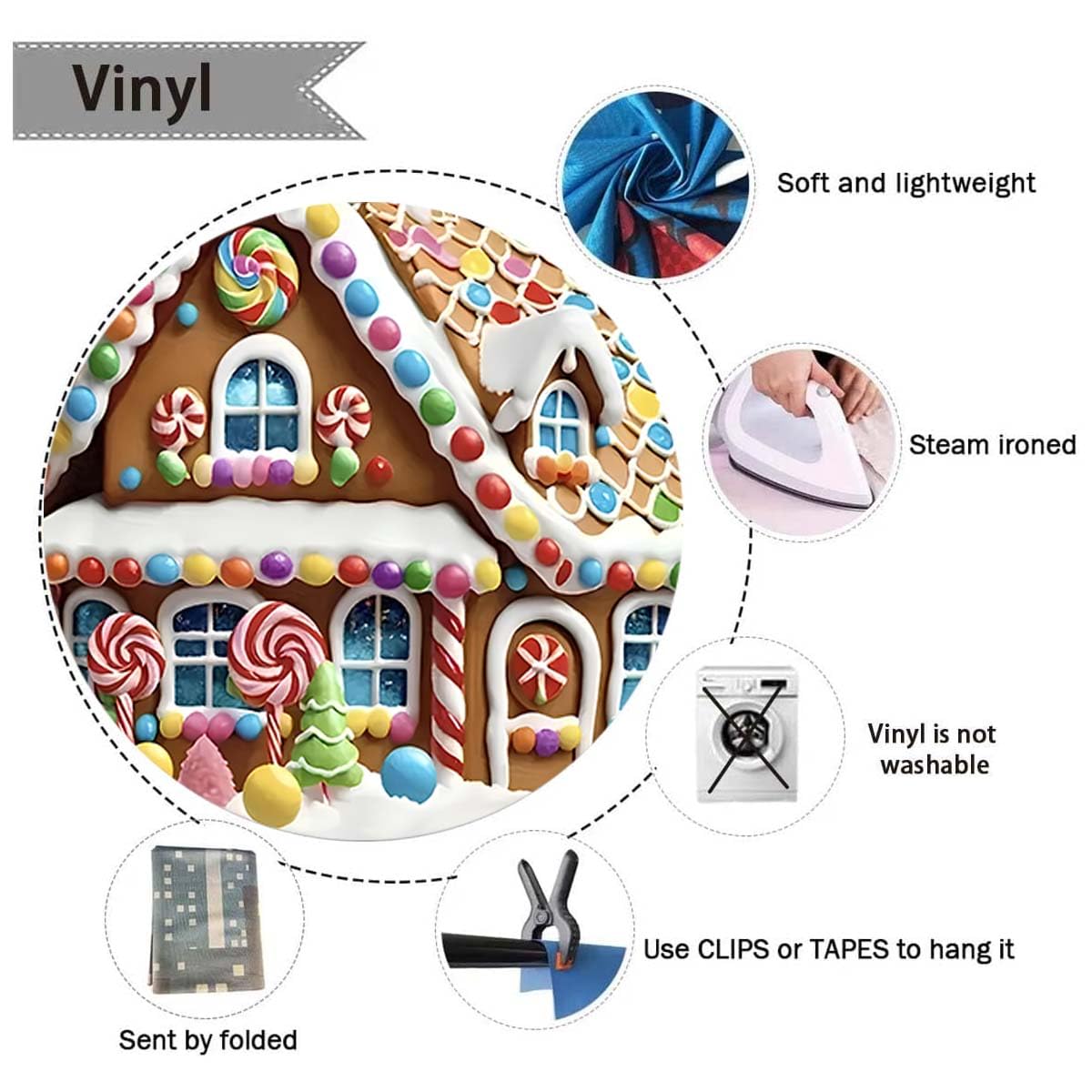 Toile de fond pour photographie de Noël en forme de maison en pain d'épices à paillettes pour échange de biscuits Candyland Hiver Flocon de Neige Toile de fond sucre d'orge Sucette Arbre Bannière