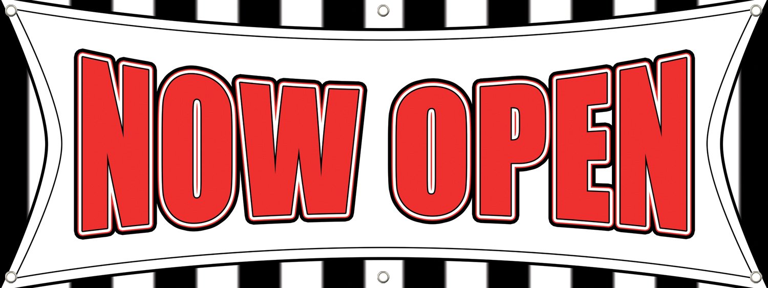 Now Open Retail Store Banner Sign Black & White Stripes with Now Open in Red Inspired by The Checker