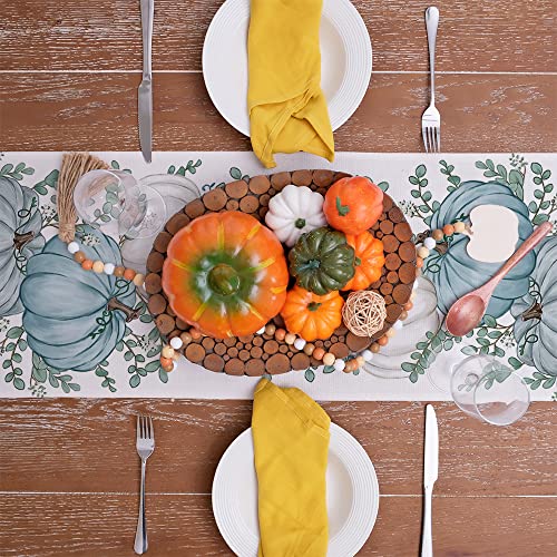 Geeory Fall Table Runner, 13X72 Inch Pumpkins Leaves Flower Farmhouse Table Decoration For Kitchen Dinning, Indoor Outdoor Dinner Party (Blue Pumpkins) Gt110-72 #TOP6