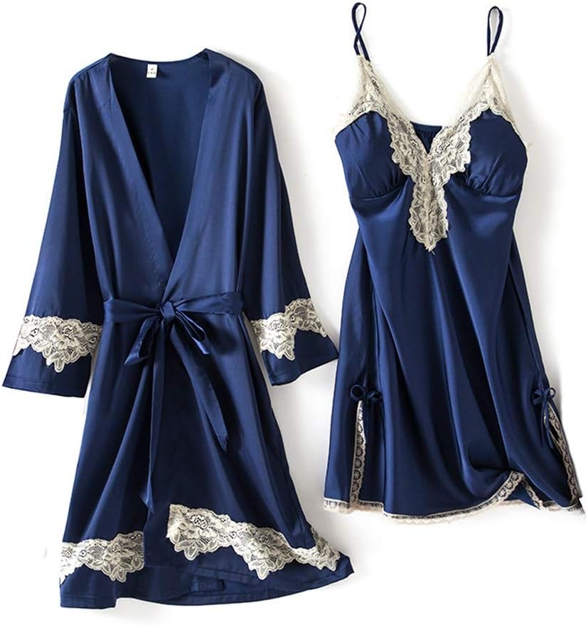 Silky Nightgown Set Women 2PC Sleepshirt V-Neck Lace Pajamas Sleepwear Robe Bathrobe Gown Home Clothe
