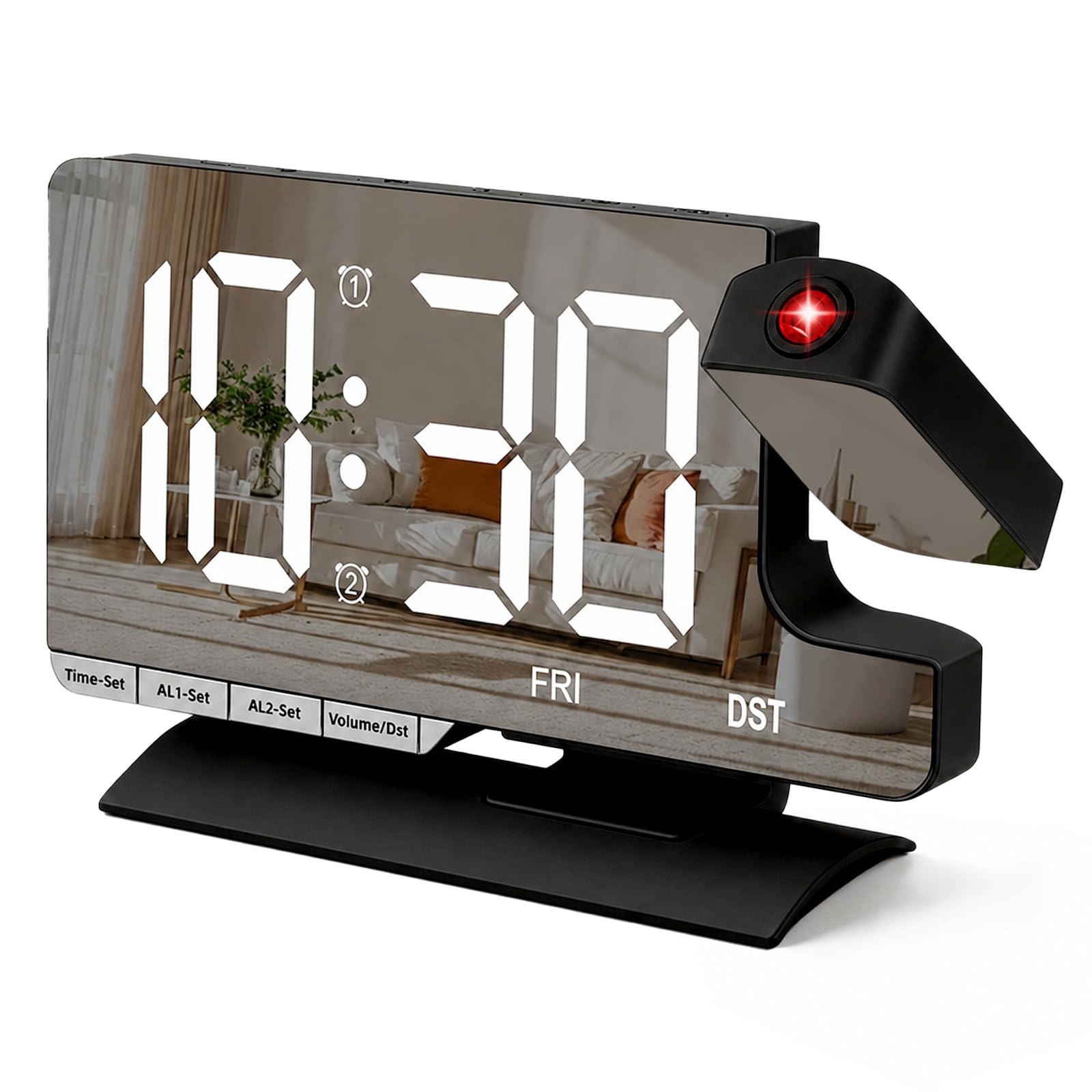 Reloj despertador de proyección para techo de dormitorio, reloj despertador digital de espejo con proyector giratorio de 180°, pantalla LED grande de 7.3 pulgadas, alarma dual, cargador USB y tipo C