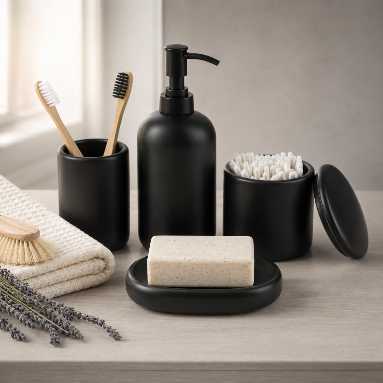 Ava Nord Modern Minimalist Ceramic Bathroom Accessories | Set of 4 | Black