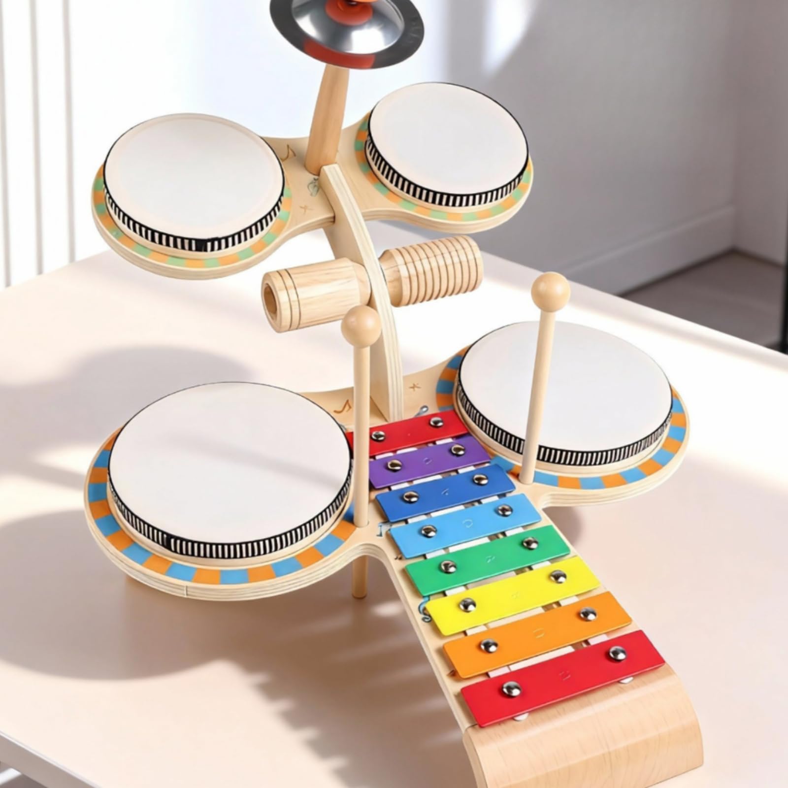 Batteria in Legno da Tavolo | Multifunzione, Banco Musicale in Legno, Salvaspazio, per Asilo Nido, Neonati