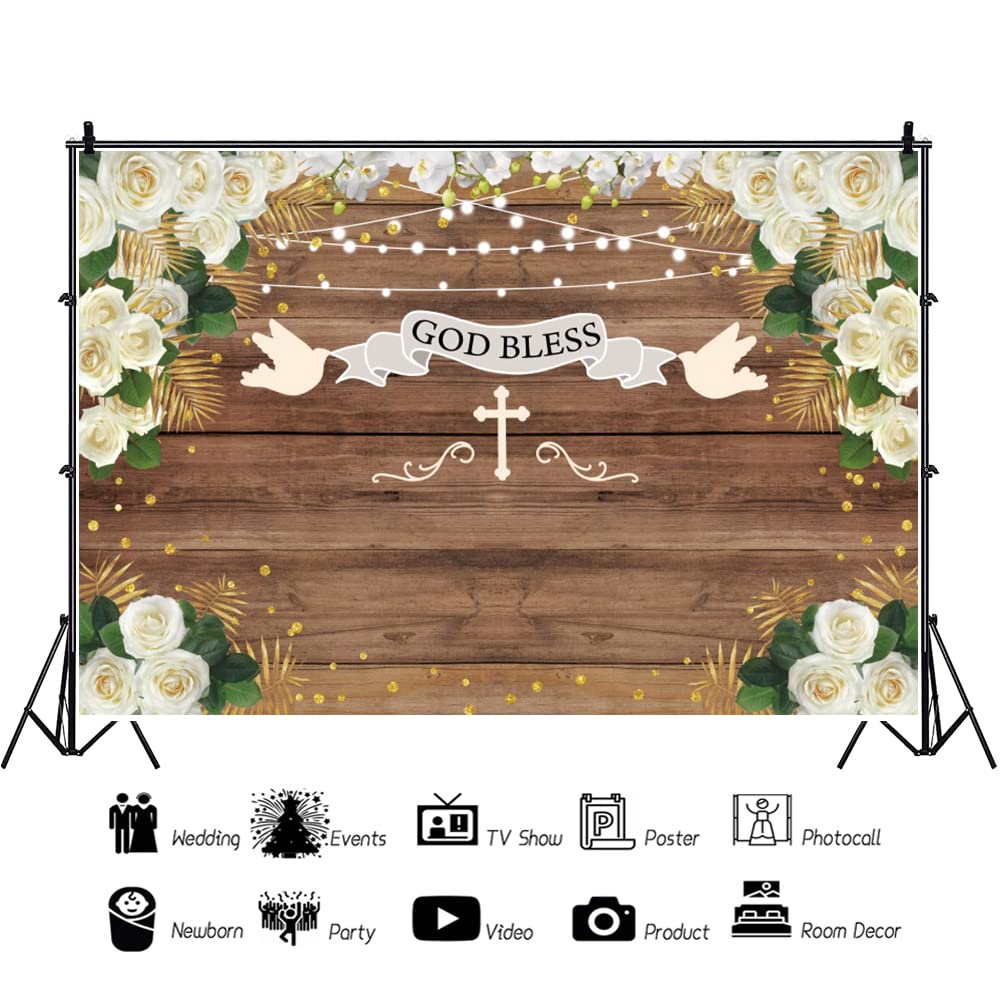 OERJU 9x6ft God Bless Baptism Backdrop Rustic Wood Board White Floral Photography Background First Holy Communion Newborn Baby Shower Party Decorations Banner Photo Booth Props