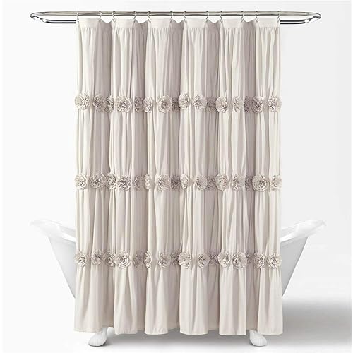 Lush Decor, Neutral Darla Shower Curtain-Ruched Floral Vintage Chic, Farmhouse Style Design, 72 x 72