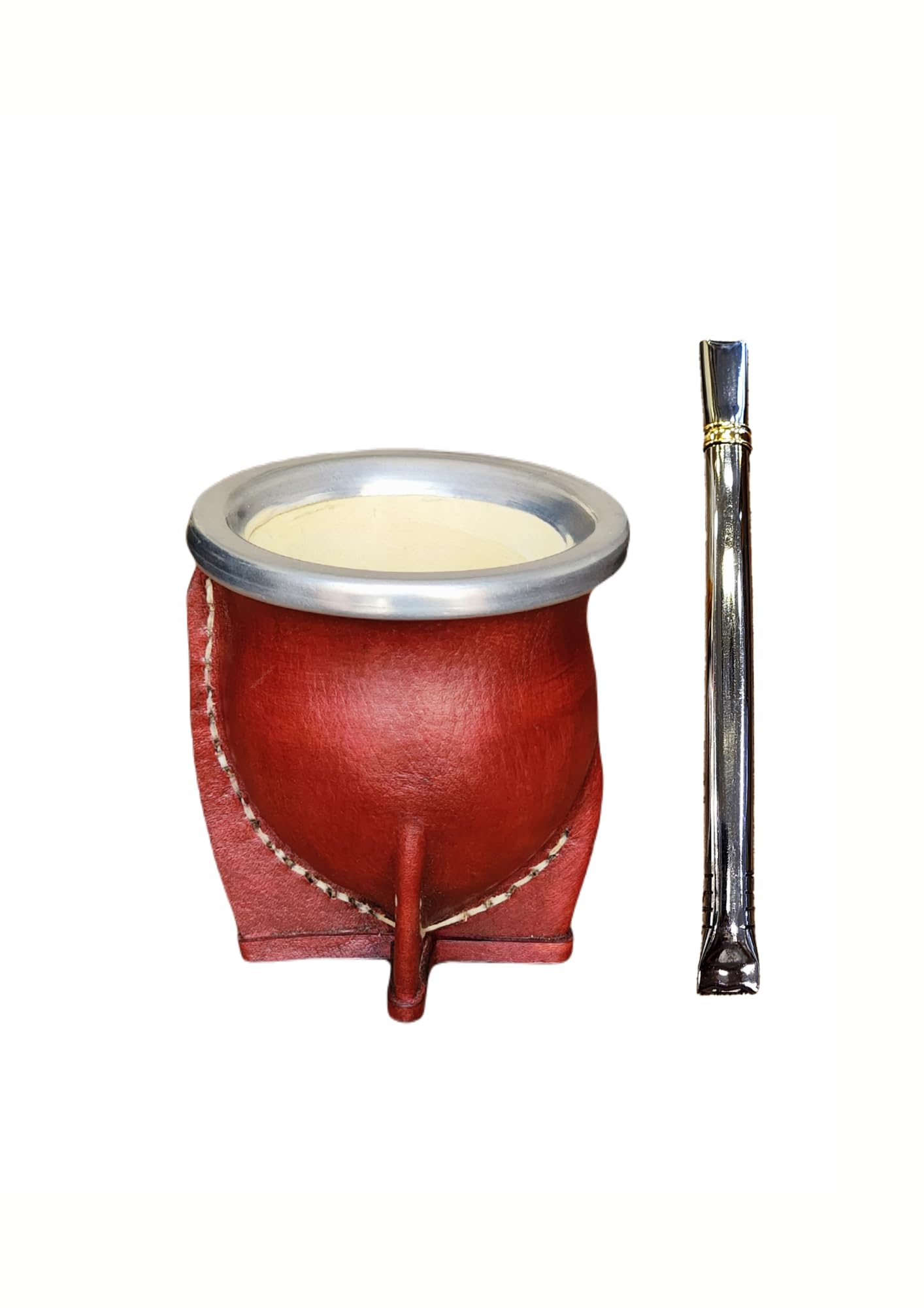 Tasse mate argentine premium avec intérieur en bois de citrouille naturel et extérieur en cuir marron avec acier inoxydable - Comprend une ampoule pour Yerba Mate.