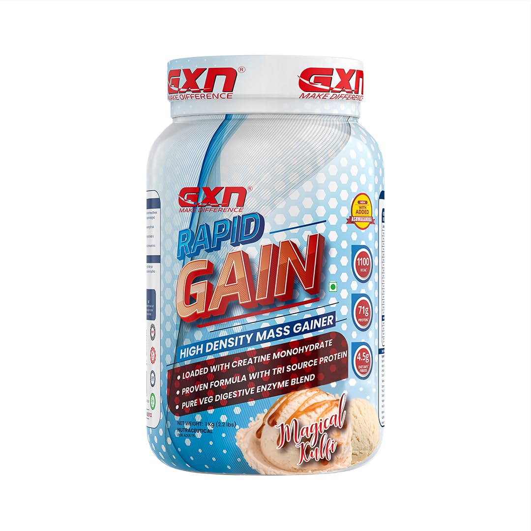 GXN Rapid Gain 1 kg | 312.5kcal | 3g Creatine | Whey Protein Concentrate & Soy Protein Isolate | Magical Kulfi | 13 Servings | Mass Gainer