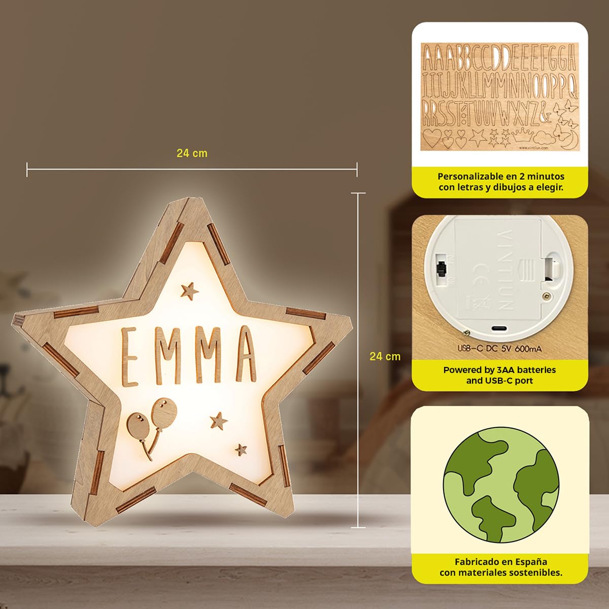 WONDEE Vintiun - Lámpara nocturna para bebé personalizada y luz nocturna infantil en forma de estrella 24 x 24 x 6 cm, regalo para bebé, nacimiento, personalizado, lámpara de noche, dormitorio LED
