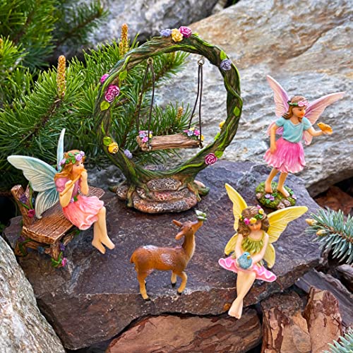 Mood Lab Fairy Garden Kit - Swing Set Of 6 Pcs Miniature Figurines & Accessories - Hand Painted For Outdoor Or House Decor #TOP3