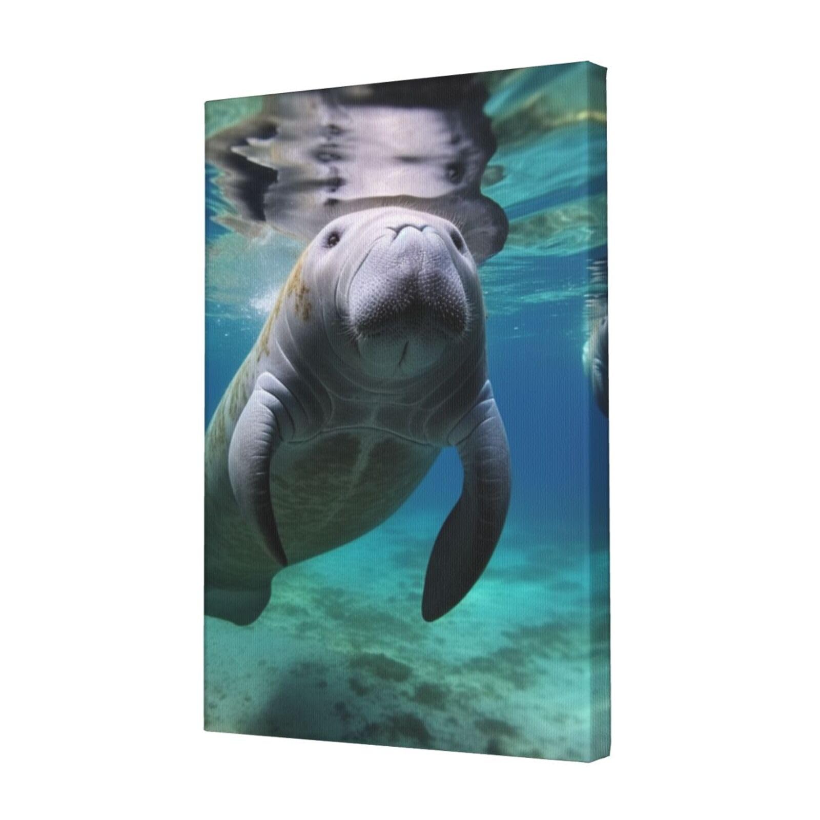 KLOPH Ocean Animal Manatee Canvas Wall Art for Living Room 12"x18" Modern Artwork Painting for Bathroom Hanging Canvas Prints Aesthetic Wallart for Bedroom Kitchen Office Wall Decor