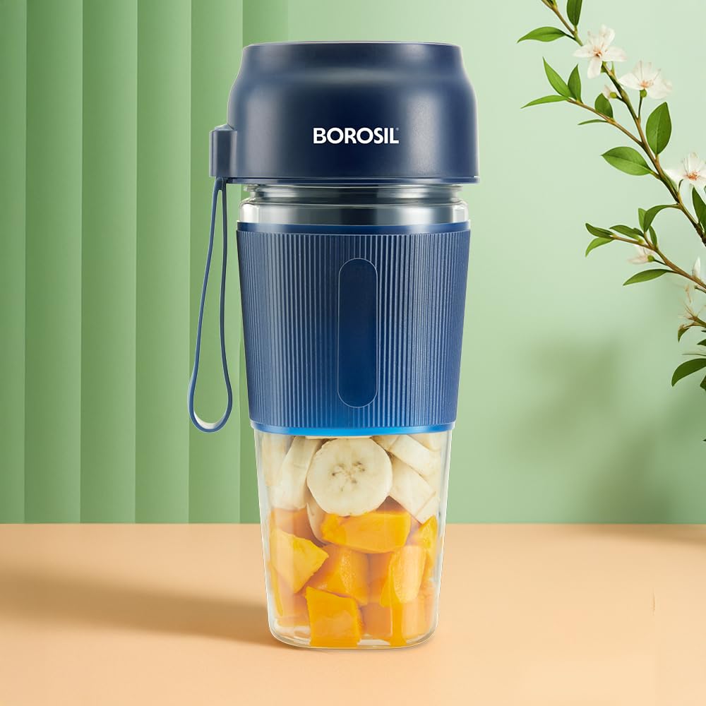 Borosil NutriGrip Blue Portable Blender | 40W Low-Noise DC Motor | 300ml Unbreakable PC Jar | USB Rechargeable | Turbo 6 Blade Action | Smoothies, Shakes, Soft Fruit, Protein Mix | 1 Year Warranty-image-4