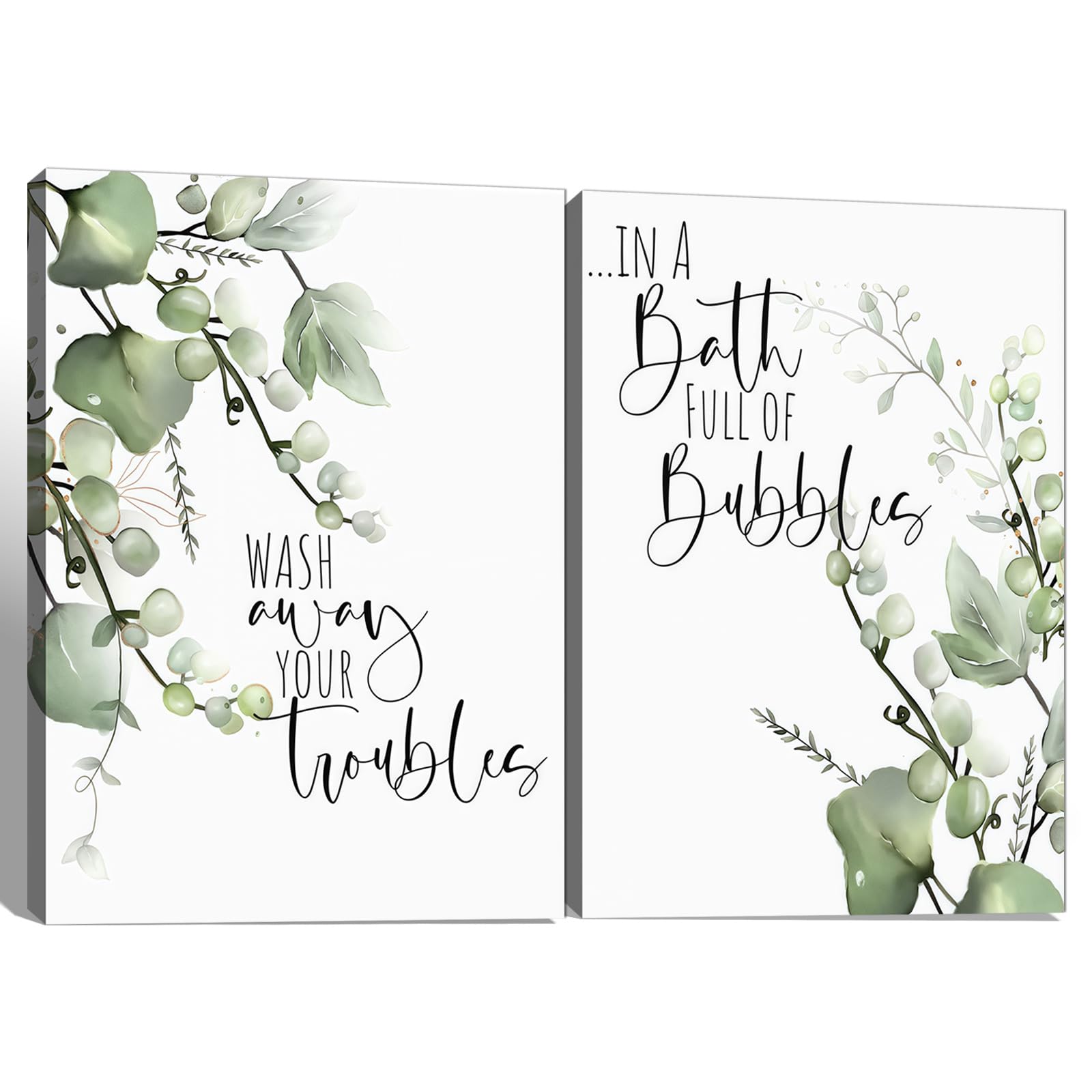 2 Pcs Framed Bathroom Green Plant Canvas Wall Art Sage Pictures Decor Prints Posters Minimalist Paintings Modern for Spa Washroom Toilet Decor Ready