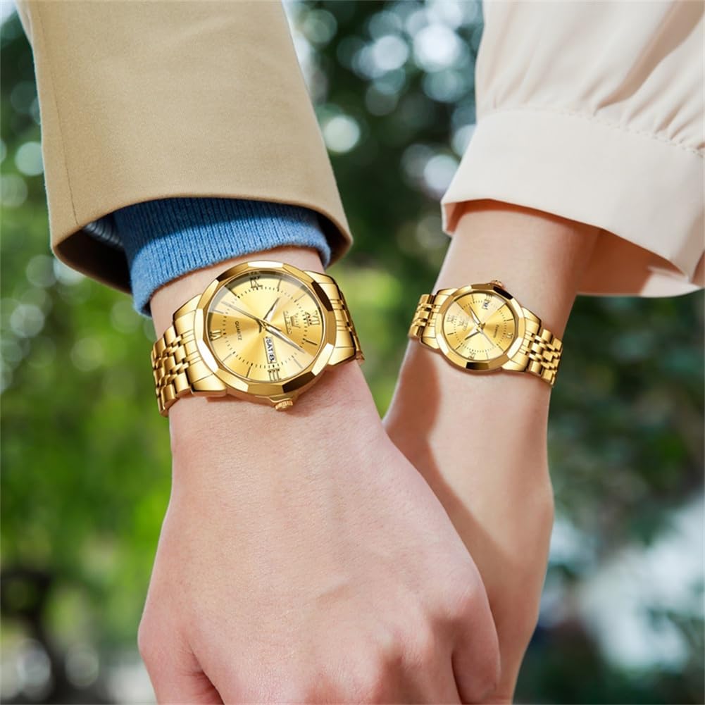 OLEVS Watches for Couple Luxury Fashion His and Hers Stainless Steel Calendar Date 3ATM Waterproof Luminous Wrist Watch for Men Women Lovers Wedding Dating Romantic Gift Set of 2