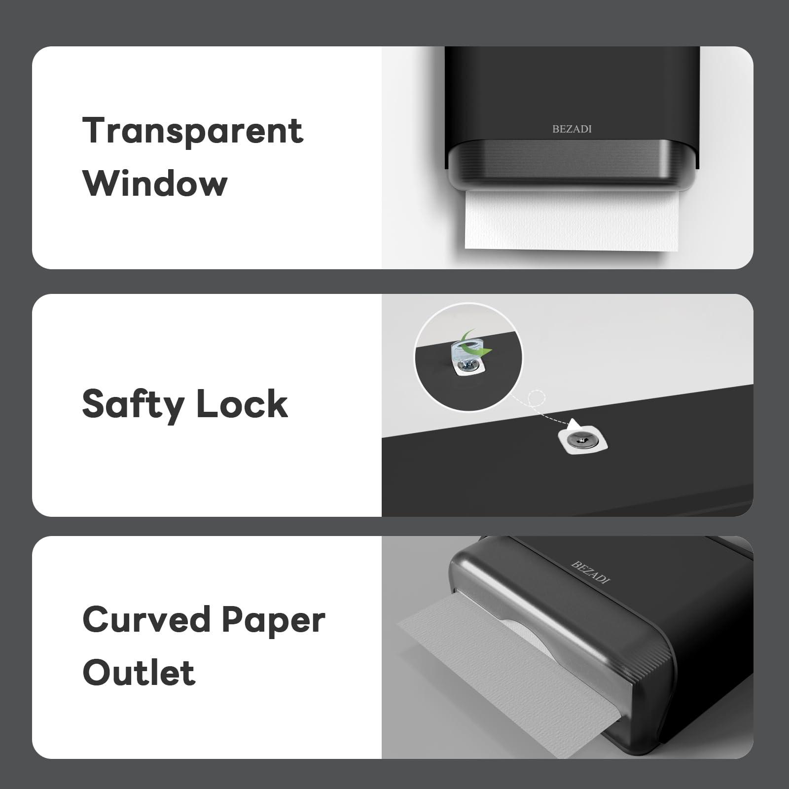 Dispensador de toallas de papel multipliegue, montaje en pared, dispensadores comerciales de servilletas con cerradura, 200 hojas, 6012 negro