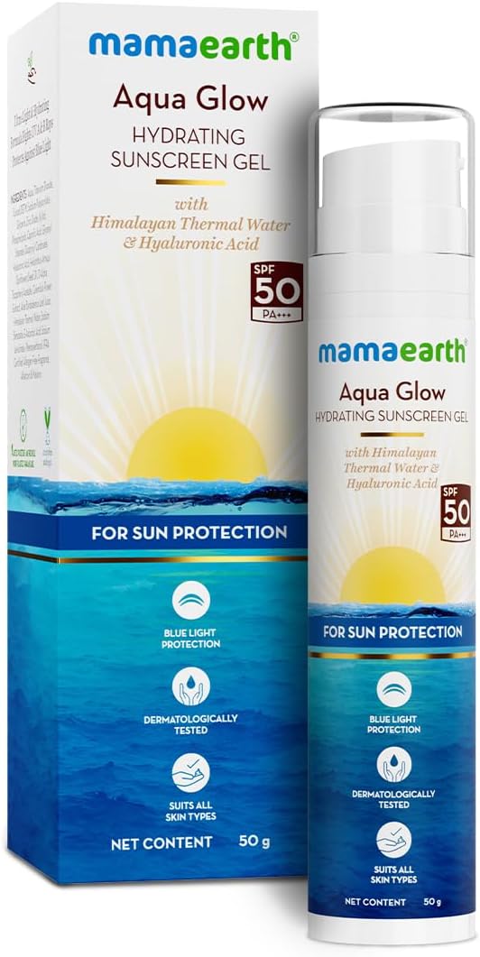– Aqua Glow Hydrating Sunscreen Gel with Himalayan Thermal Water & Hyaluronic Acid | SPF 50 PA++++ | Protects Against UV Rays & Blue Light | Lightweight, Hydrating Formula | 50g (Pack of 1)