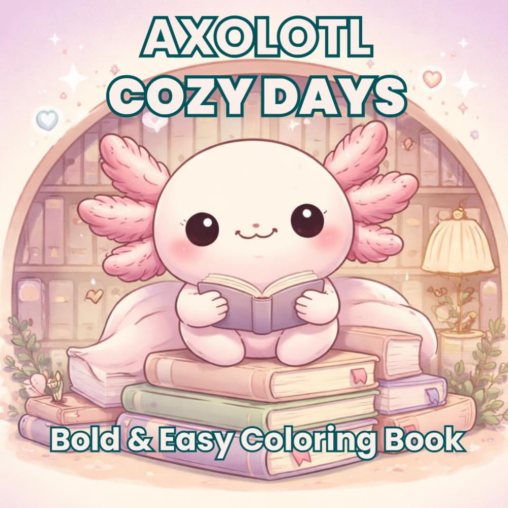 Axolotl Cozy Days Coloring Book for Teens and Adults: 30 Adorable Bold Easy Axolotl Scenes for Relaxation and Stress Relief