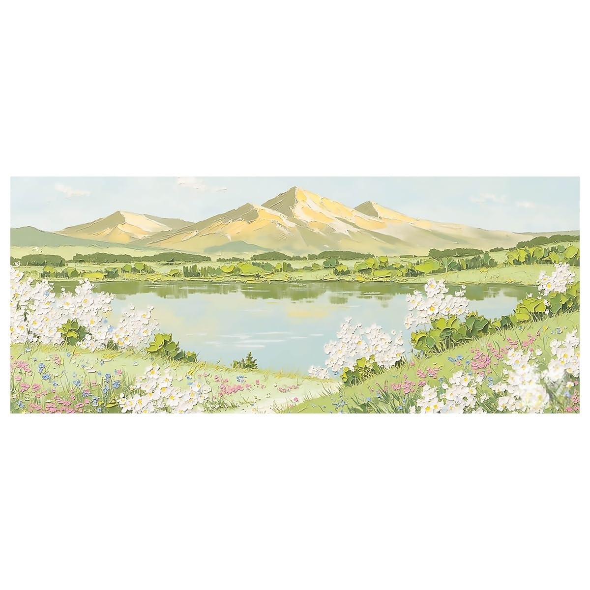 LCDIUDIU Oil Paintings On Canvas Hand Painted Large Green Spring Mountain Lake Wall Art Unframed Sunlit Wildflower Meadow Landscape Wall Decor Modern Artwork for Living Room Bedroom Office 90X180Cm(