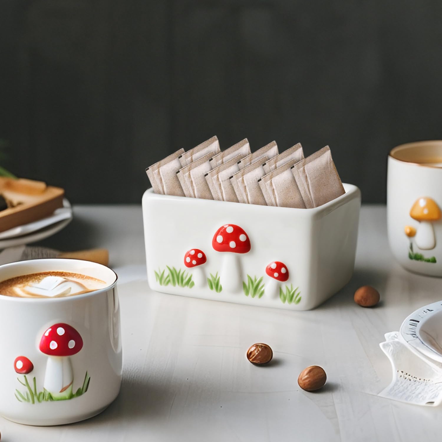 Sizikato Cute Mushroom Porcelain Sugar Packet Holder Tea Bag Bowl, 4 In