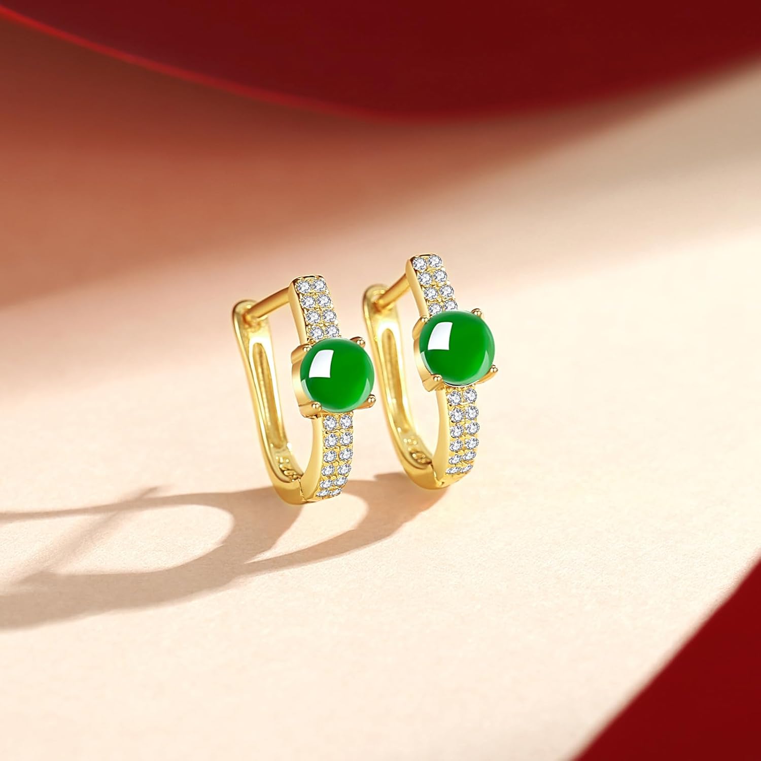 MRW Jade Huggie Hoop Earrings For Women 925 Sterling Silver Gold Plated Green Stone with CZ Accents - Image 4
