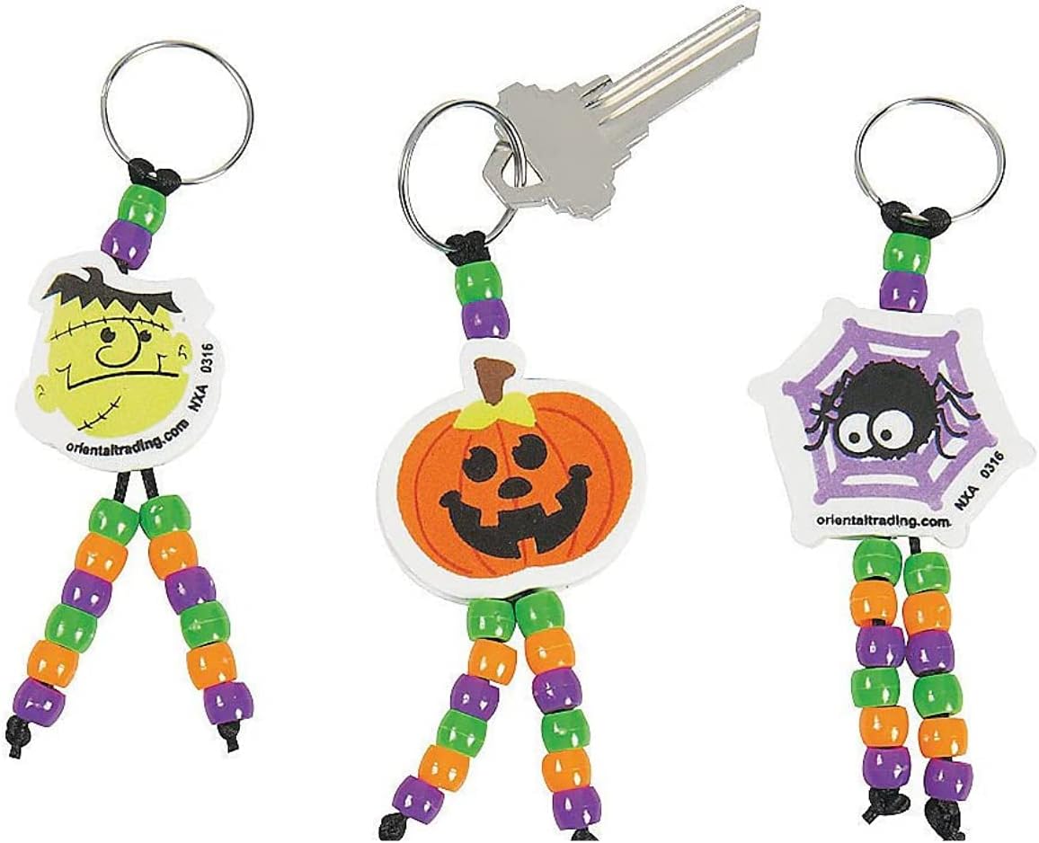 Pws Sales 12 Halloween Beaded Keychain Key Chain Craft Kits for Kids-Pumpkin, Monster, Spider-Party Favor, prizes