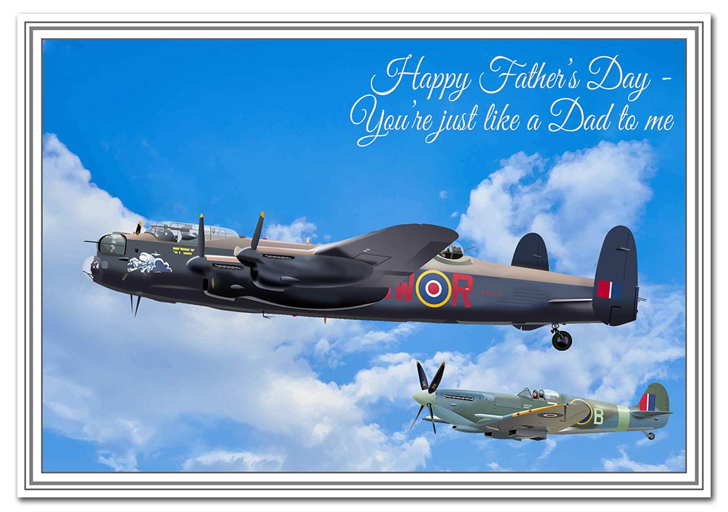 Stunning Happy Fathers Day cards - Cool Unusual Unique Vector Art - Dad Son etc (Just like a Dad to me Card - Lancaster & Spitfire)