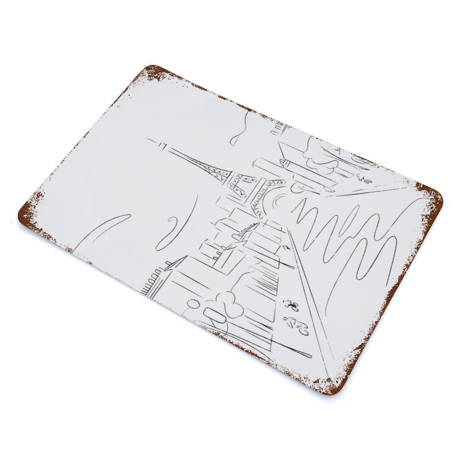 Eiffel Tower Sketch 11.8"x7.9" Rusty Metal Tin Sign, Novelty Wall Decor for Cafe, Home Bar And Lounge Decor