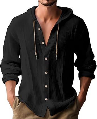 Mens Linen Shirts Long Sleeve Hooded Casual Button Down Shirt Relaxed Fit Hippie Beach Stylish Summer Tops