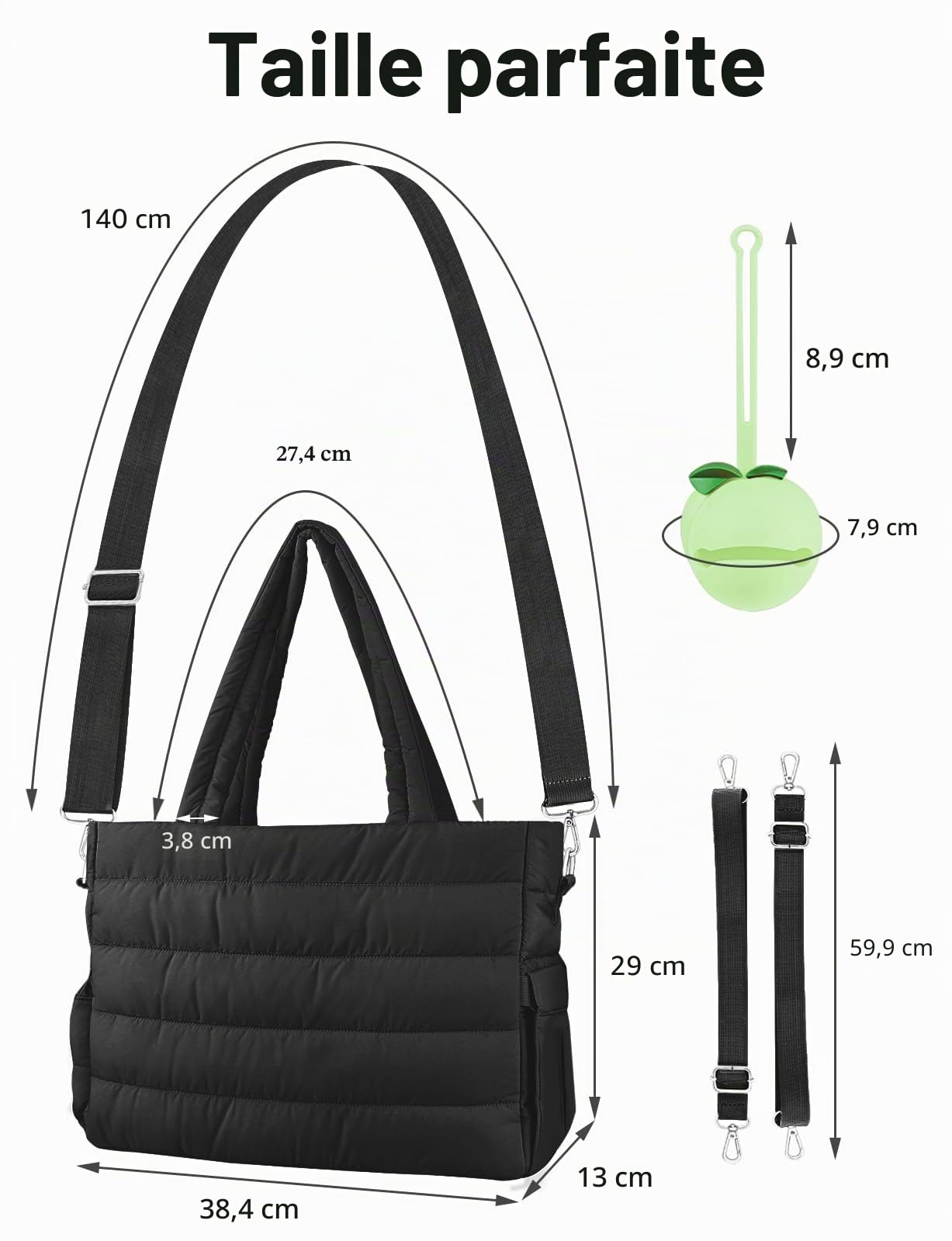 KUBYA Grand sac à langer bébé, sac fourre-tout bandoulière, avec étui tétine silicone