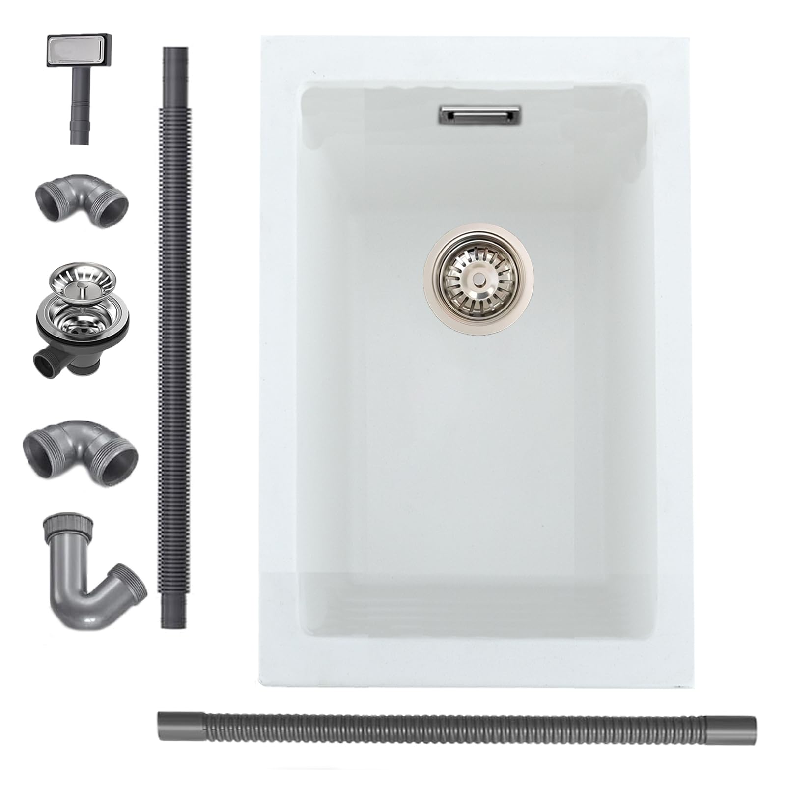 Quartz Kitchen Sink 30x45cm/12x18 in, Composite Inset/Undermount Kitchen Small White Sink Waste Kit,Single Bowl Commercial with Overflow, Suitable for Workstation — image 1