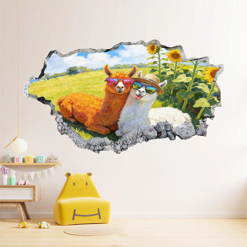 3D Wandtattoo Durchbruch Wanddeko Alpaka-Sonnenblume Wanddurchbruch sticker Wandbild Wandsticker Grasland-Naturlandschaft Wohnzimmer Wanddeko Wandaufkleber für Kinderzimmer Mädchen Teenager Zimmer