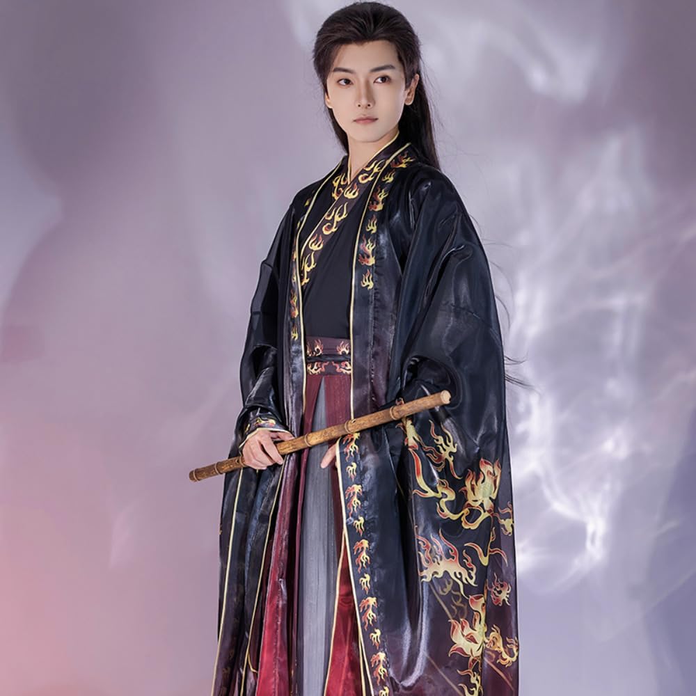 Chiński tradycyjny kostium Hanfu Dress, chińska od Męska koszula Hanfu w stylu Jin w stylu chińskim Wei Jin ze spódnicą Ru z dużymi rękawami(Red,Medium)