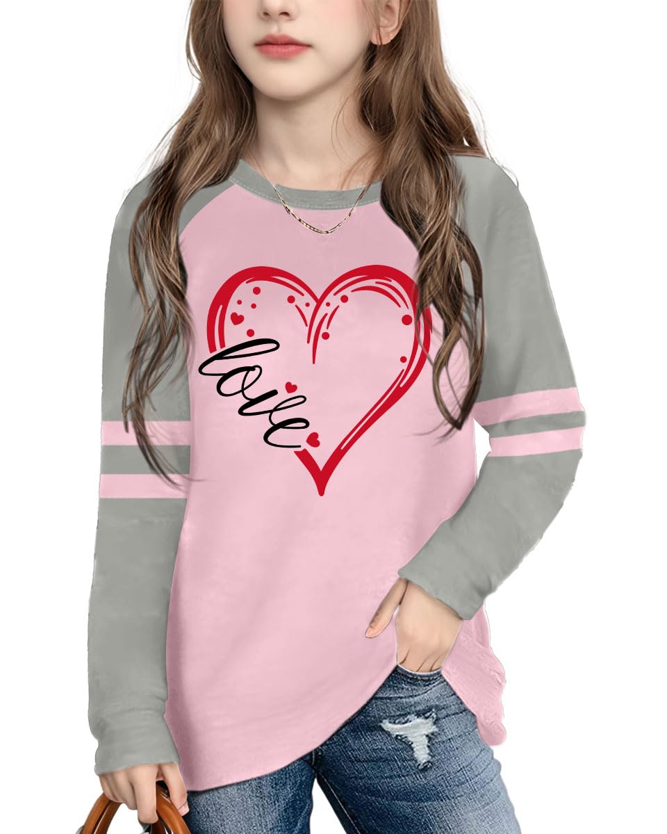 Valentine's Day Shirt for Kids Love Heart Graphic Shirt Girls Boys Valentine Long Sleeve Tee Tops 5-13Y