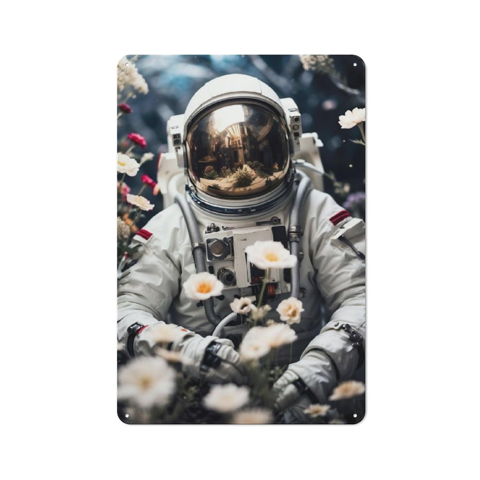 Junmoney Astronaut And Flowers Industrial Tin Wall Sign 30X20cm Featuring Urban Room Decor For Workspace, Cafe, Hallway Or Garage