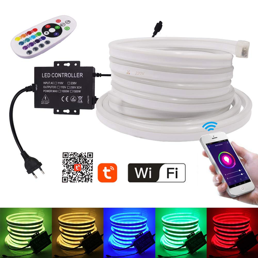 XUNATA Luce al neon WiFi RGB con telecomando, 220 V, impermeabile e flessibile, striscia LED, sincronizzazione musica, controllo app (50 m)