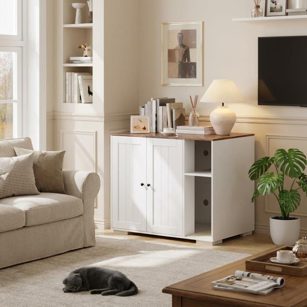 Large Cat Litter Enclosure with Litter Collector, Enclosure for Self-Cleaning Litter Boxes,Adjustable Shelf for Dog Proof,Charging Station, Large Hidden Litter Box for Cat, Cat House