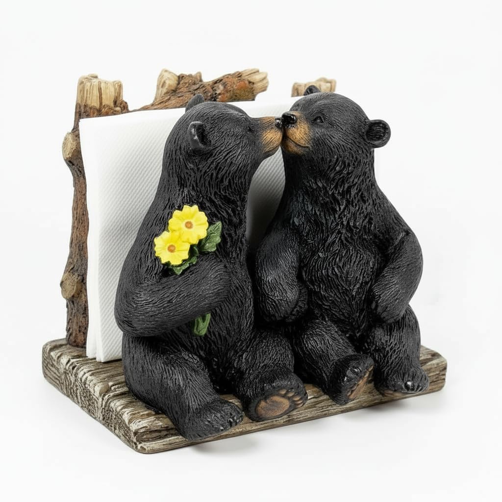 Comfy Hour 5" Black Bear Kissing Figurine Napkin Holder, Rustic Antique Vintage Western Style Home Decor, Resin Lover Bears Statue Solo Unit for Kitchen Dining Table