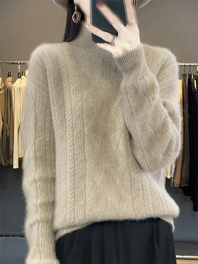 Dninmim Suéter de cachemira de cuello alto para mujer, suéter grueso jacquard suelto, suave y acogedor