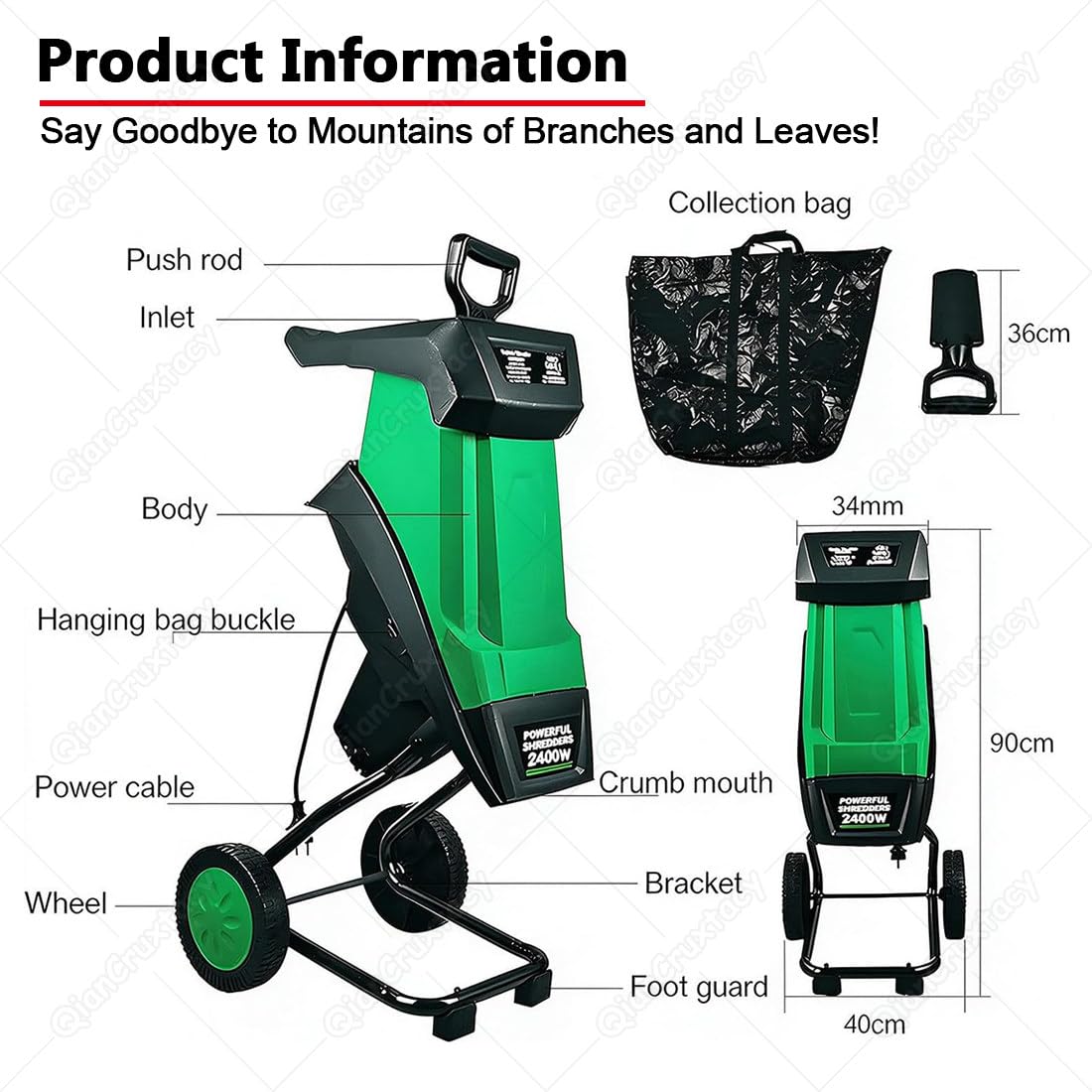 Biotrituradora Electrico De Ramas Green | Trituradora de Madera Eléctrica 2400W con 4500RPM, Reducción de Volumen 20:1, Bolsa de 50L, Diámetro de Corte 40mm, Ruedas