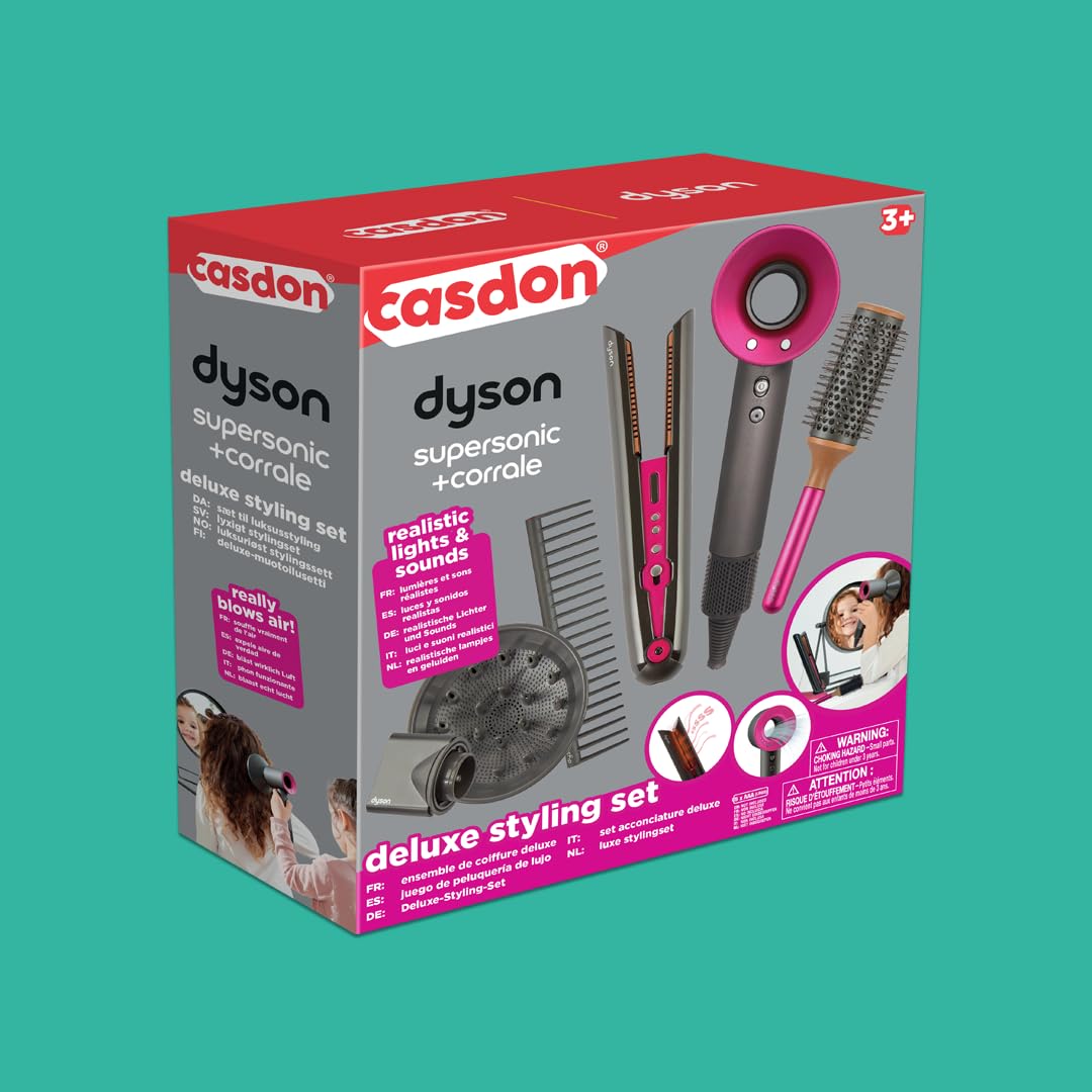 Casdon Dyson Jouets - Kit de Coiffure Supersonic & Corrale Deluxe - Lisseur et sèche-Cheveux Fonctionnels - Comprend des lumières et des Sons interactifs - 3 Ans +, Gris
