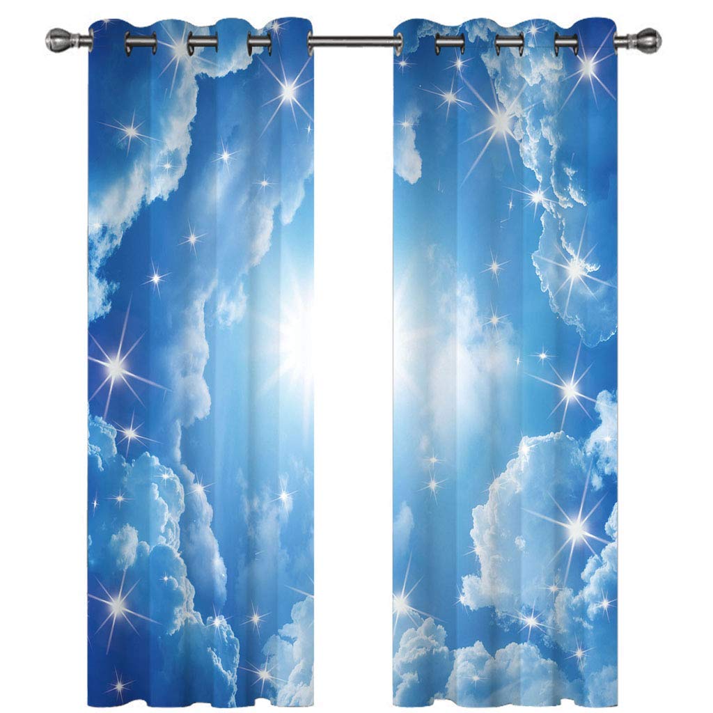 Vorhang Blickdicht Ösenschal Verdunkelungsvorhang 3D Blau-Weißer Sternenhimmel-Traum Muster Gardinen Wohnzimmer Kinderzimmer Thermovorhang Ösenvorhänge 2Er Set Blickdichte Vorhänge 200X214Cm