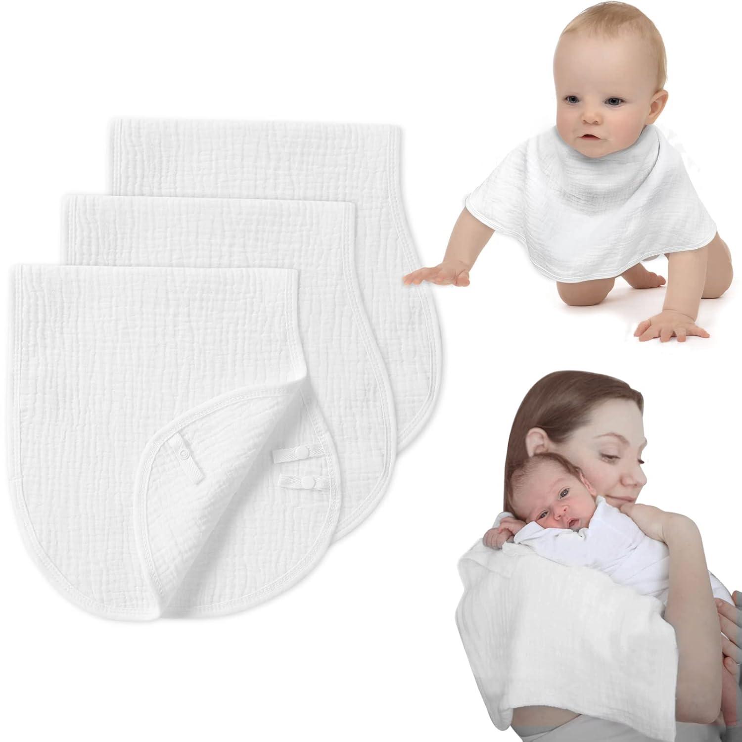 Muslin Burp Cloths with Snaps, Multi-Use Burpy Bib 100% Natural Cotton,Large 22"X11" Extra Absorbent Burping Cloth for Baby Girl & Boy, White
