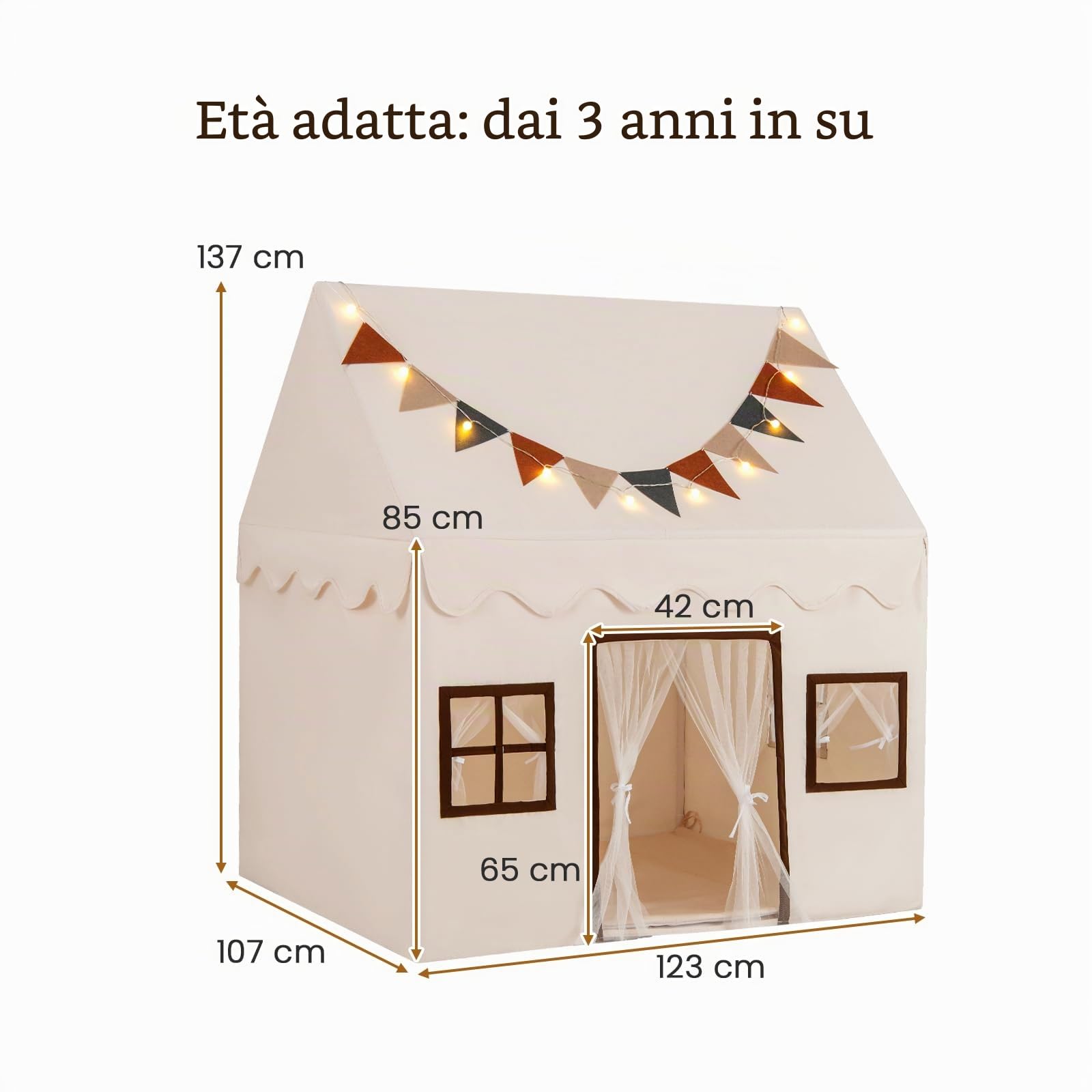 RELAX4LIFE Tenda da Gioco con Tappetino Imbottito, Casa Gioco per Bambini con Luci a Stringa e Bandiere Colorate, 3 Finestre e Tende in Rete, Casa Gioco per Interni ed Esterni per Bambini 3 ANNI+
