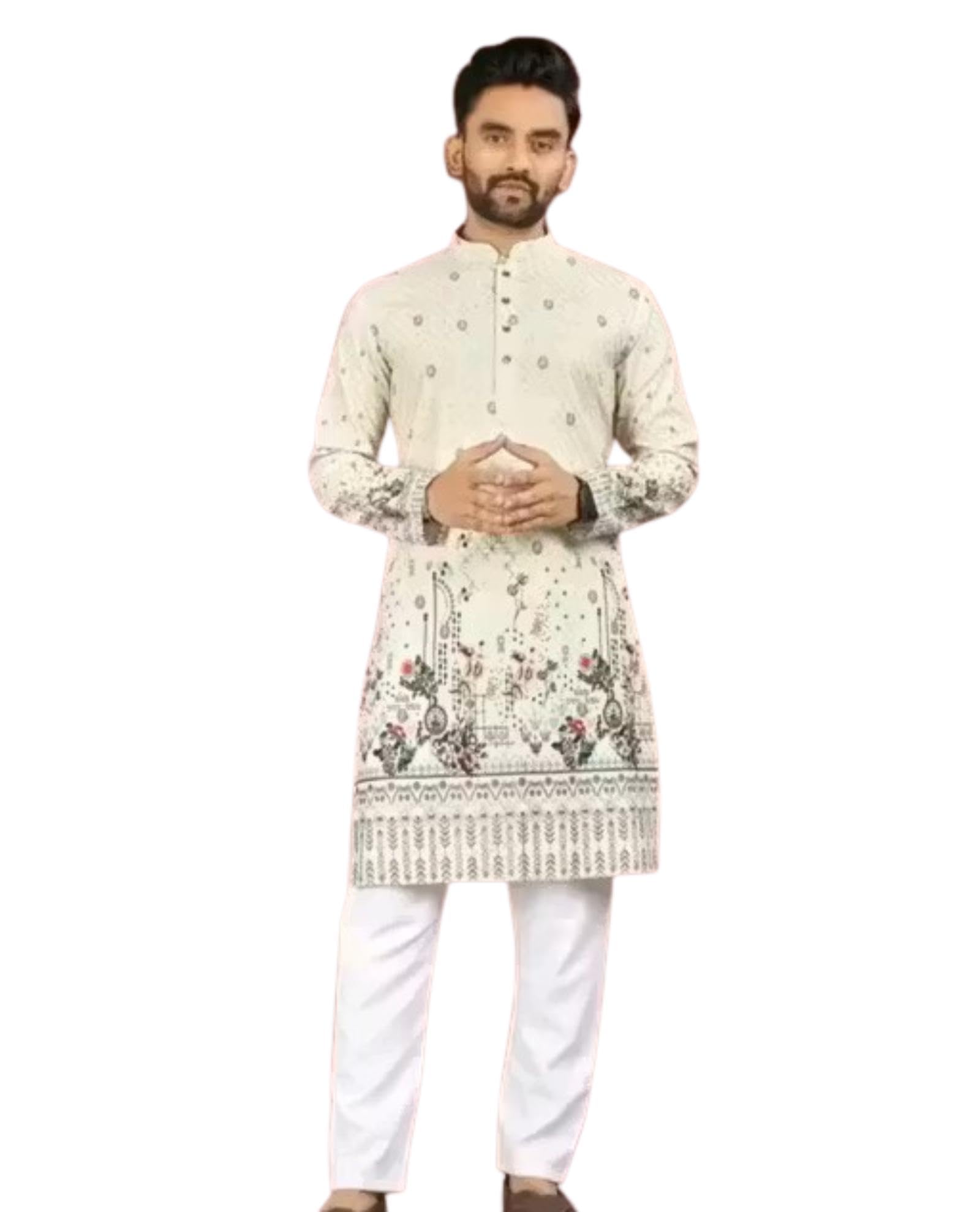 Men’s Printed Kurta Elegant Ethnic Wear for Occasions Cotton Long Kurta with Classic Print