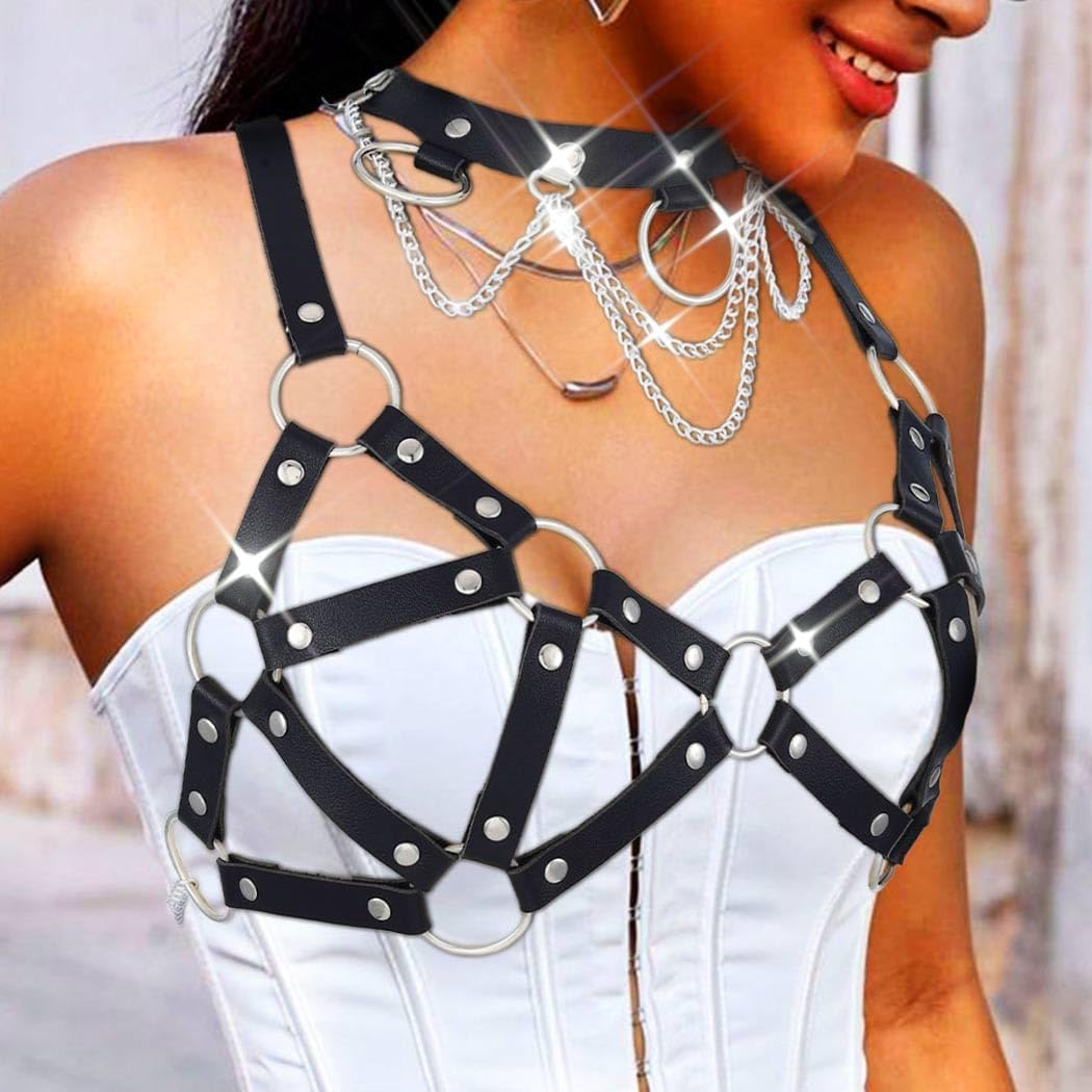 Leather Chest Chain Belt Black Body Harness Gothic Rave Accessories for Women - Image 5