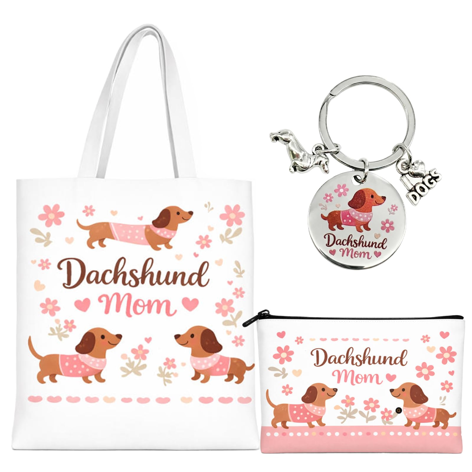 Dachshund Gifts for Women Mum, Dachshund Tote Bag Makeup Bag Keyring Set, Sausage Dog Gifts Birthday Thank You Present for Her Girls Auntie Daughter Wife Girlfriend Teachers