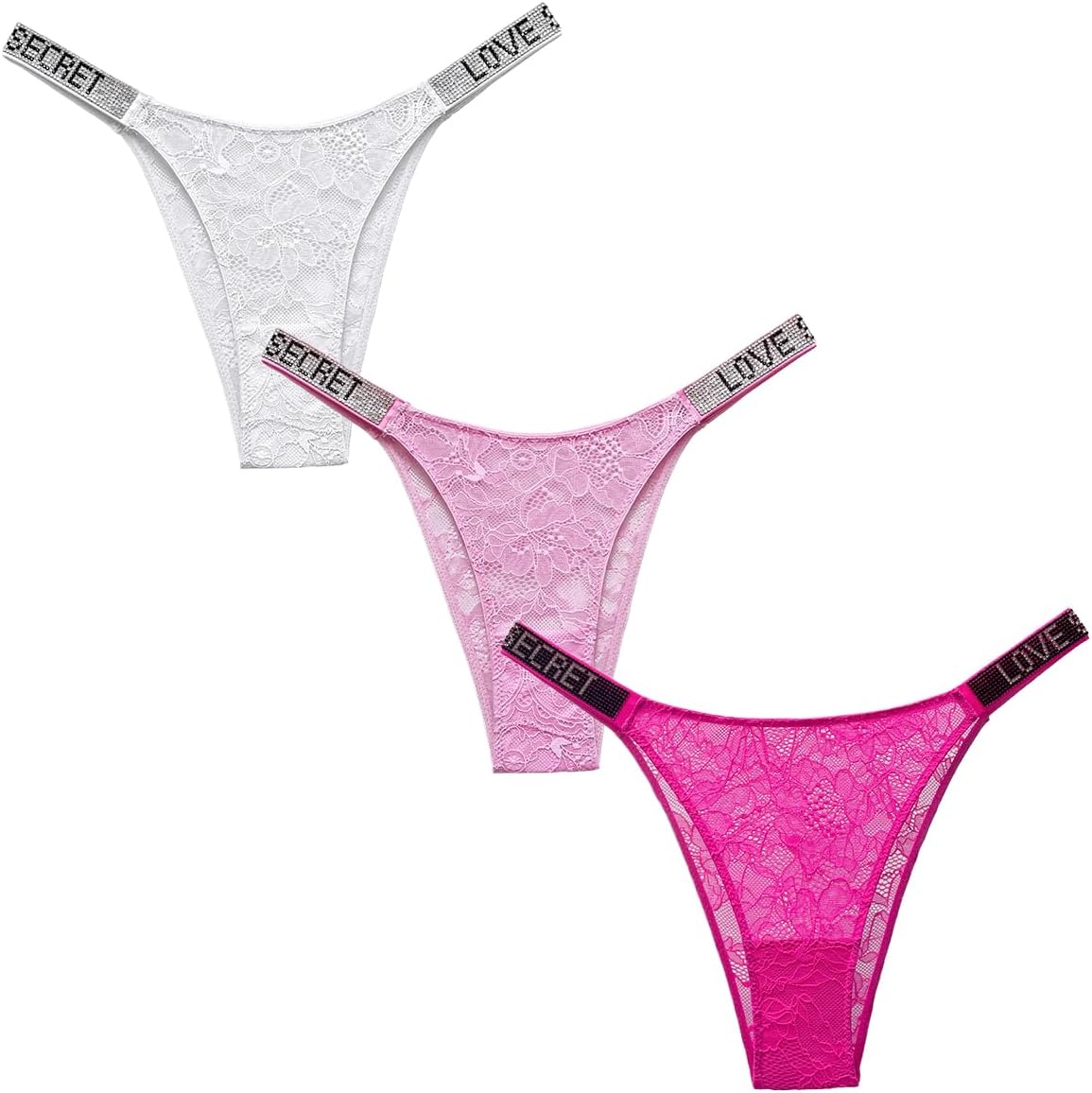 Women's Lace G-String Thongs Sexy Low Waist Tangas Underwear See-Through Rhinestones Thongs Panties 3-5 Pack