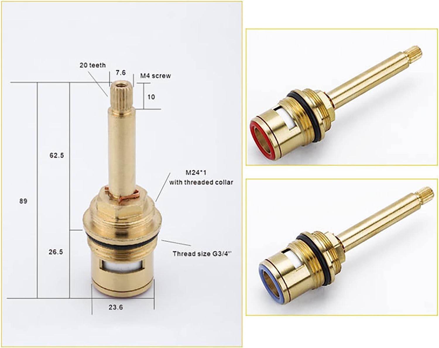 Cartouche de valve à disque tige en céramique quart tour 3/4" 20 valves SplineTap cartouche robinet laiton for cuisine salle bain, rouge(Red+blue)