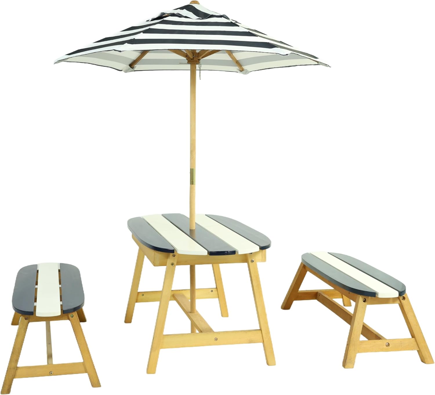 Naturally Playful Kids Picnic Table with Umbrella – Indoor/Outdoor Wooden Table Set for 4 Children, Dark Blue, Round Corner Safety Design